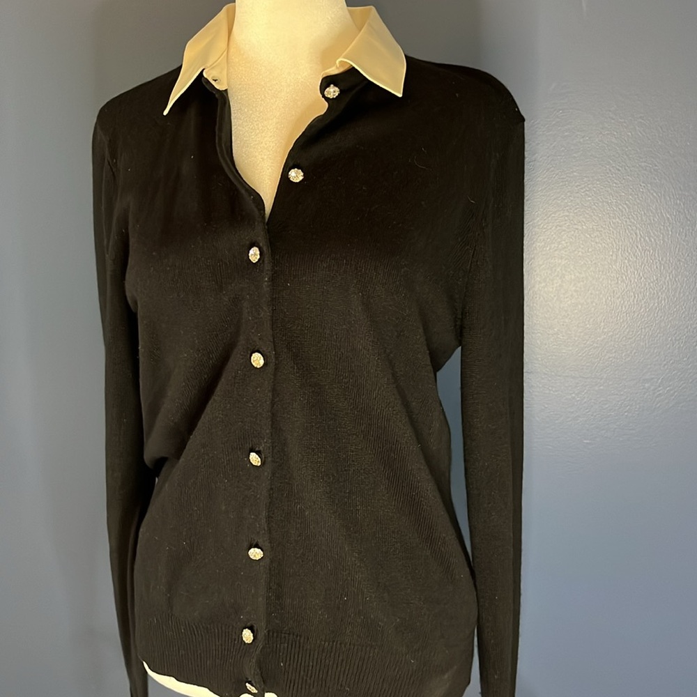Lauren-Ralph Lauren black silk/cashmere cardigan w silk cuff/collar, rhinestones
